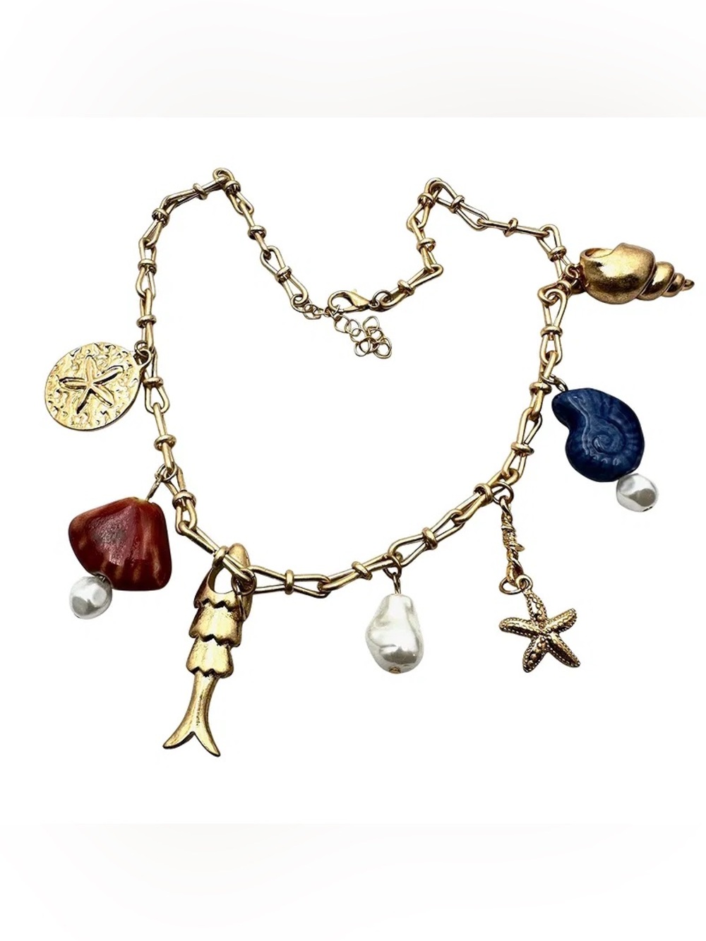 Gold Tone Sea Shell Fish San dollar Charm Necklace 16 Inch